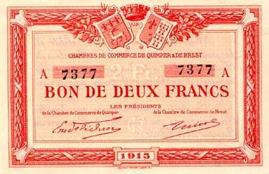 Billet des Chambres de Commerce de Quimper & de Brest - 2 francs 1915 - lettre A