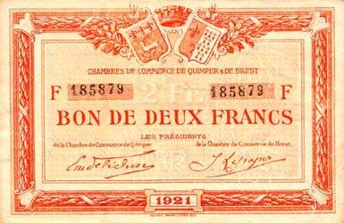 Billet des Chambres de Commerce de Quimper & de Brest - 2 francs 1921 - filigrane Abeilles