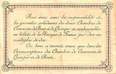 Billet des Chambres de Commerce de Quimper & de Brest - 2 francs 1921 - filigrane Abeilles