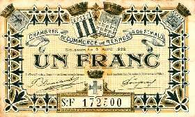 Billet des Chambres de Commerce de Rennes & de Saint-Malo - 1 franc - �mission du avril 1922