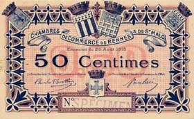 Billet des Chambres de Commerce de Rennes & de Saint-Malo - 50 centimes - �mission du 25 ao�t 1915 - sp�cimen