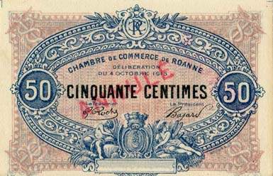 Billet de la Chambre de Commerce de Roanne - 50 centimes - d�lib�ration du 4 octobre 1915 - 50 large de 23mm - sp�cimen annul�