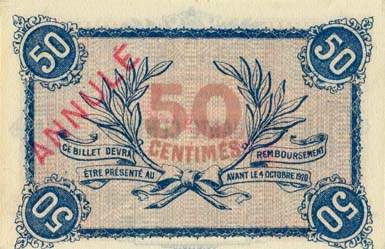 Billet de la Chambre de Commerce de Roanne - 50 centimes - d�lib�ration du 4 octobre 1915 - 50 large de 23mm - sp�cimen annul�
