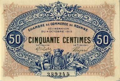 Billet de la Chambre de Commerce de Roanne - 50 centimes - d�lib�ration du 4 octobre 1915 - 50 large de 17 mm - n� 389345