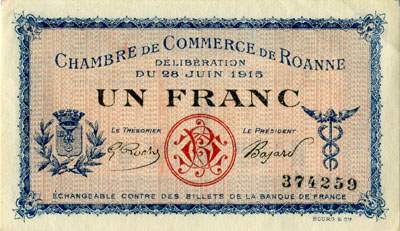 Billet de la Chambre de Commerce de Roanne - 1 franc - d�lib�ration du 28 juin 1915 - n� 374259 (chiffres de 2,5 mm)