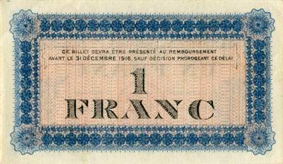 Billet de la Chambre de Commerce de Roanne - 1 franc - d�lib�ration du 28 juin 1915 - n� 374259 (chiffres de 2,5 mm)