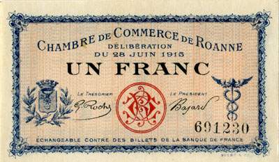 Billet de la Chambre de Commerce de Roanne - 1 franc - d�lib�ration du 28 juin 1915 - n� 691230 (chiffres de 3,5 mm)
