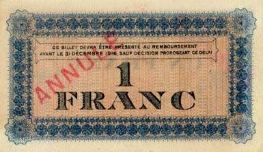 Billet de la Chambre de Commerce de Roanne - 1 franc - d�lib�ration du 28 juin 1915 - sp�cimen annul�