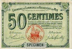 Billet de la Chambre de Commerce de Rochefort-sur-Mer - 50 centimes - d�lib�ration du 28 octobre 1915 - 1�re s�rie - sp�cimen