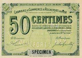 Billet de la Chambre de Commerce de Rochefort-sur-Mer - 50 centimes - d�lib�ration du 28 octobre 1915 - 3�me s�rie - sp�cimen