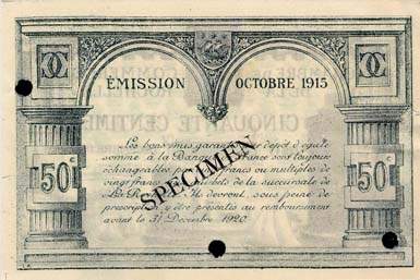 Billet de la Chambre de Commerce de La Rochelle - 50 centimes - �mission octobre 1920 - sp�cimen annul�