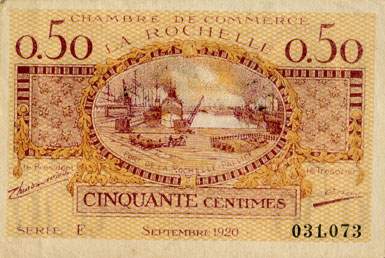 Billet de la Chambre de Commerce de La Rochelle - 50 centimes - �mission septembre 1920 - s�rie E