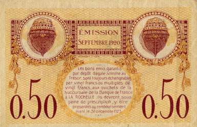 Billet de la Chambre de Commerce de La Rochelle - 50 centimes - �mission septembre 1920 - s�rie E