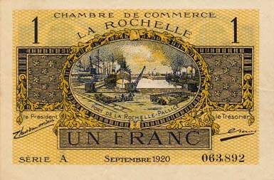 Billet de la Chambre de Commerce de La Rochelle - 1 franc - �mission septembre 1920 - s�rie A