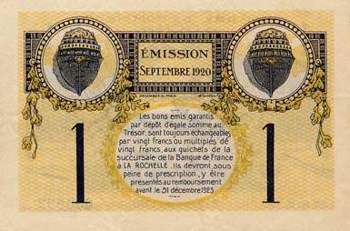 Billet de la Chambre de Commerce de La Rochelle - 1 franc - �mission septembre 1920 - s�rie A