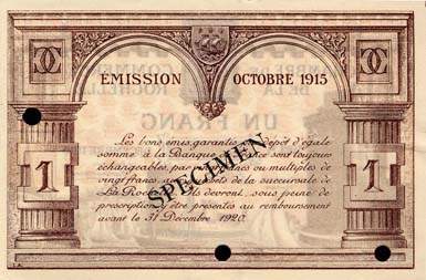 Billet de la Chambre de Commerce de La Rochelle - 1 franc - émission octobre 1920 - spécimen annulé