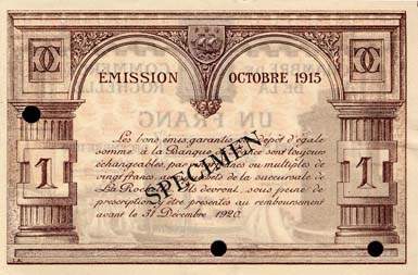 Billet de la Chambre de Commerce de La Rochelle - 1 franc - �mission octobre 1920 - sp�cimen annul�