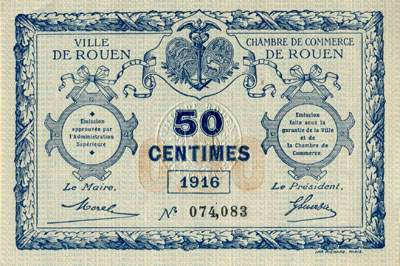 Billet de la Ville de Rouen - Chambre de Commerce de Rouen - 50 centimes - 1916 - n� 074083
