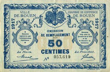 Billet de la Ville de Rouen - Chambre de Commerce de Rouen - 50 centimes - 1917 - Emission de remplacement - signature compl�te - n�057,619