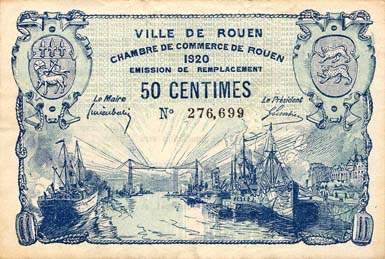 Billet de la Ville de Rouen - Chambre de Commerce de Rouen - 50 centimes - 1920 �mission de remplacement