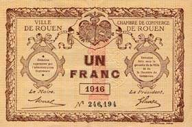 Billet de la Ville de Rouen - Chambre de Commerce de Rouen - 1 franc - 1916