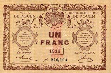 Billet de la Ville de Rouen - Chambre de Commerce de Rouen - 1 franc - 1916