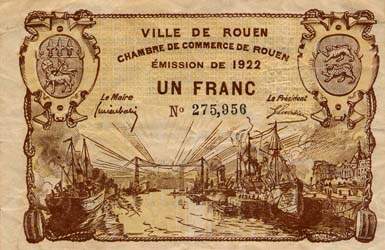 Billet de la Ville de Rouen - Chambre de Commerce de Rouen - 1 franc - 1922
