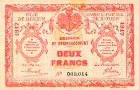 Billet de la Ville de Rouen - Chambre de Commerce de Rouen - 2 francs - 1917 - Emission de remplacement - signature coupée - n°000,014