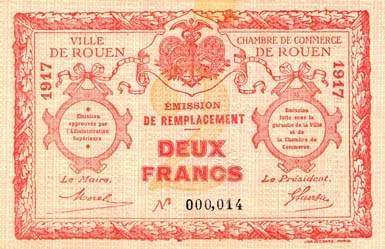 Billet de la Ville de Rouen - Chambre de Commerce de Rouen - 2 francs - 1917 - Emission de remplacement - signature coup�e - n�000,014