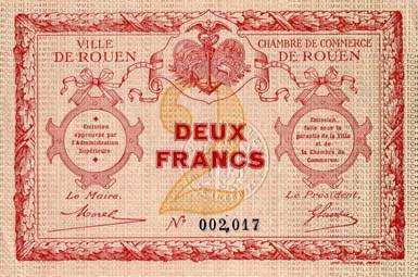 Billet de la Ville de Rouen - Chambre de Commerce de Rouen - 2 francs - sans date - n�2017