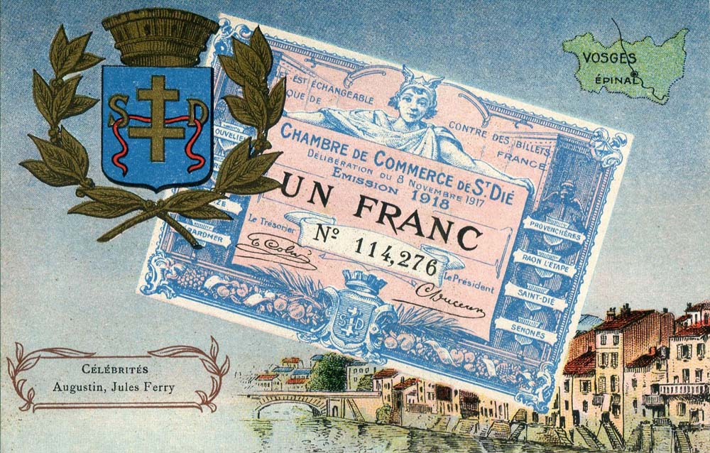 Carte postale repr�sentatn un billet de 1 franc - �mission 1918 - d�lib�ration du 8 novembre 1917 - n� 114,276 - de la Chambre de Commerce de Saint-Di�