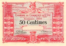 Billet de la Chambre de Commerce de Saint-Di� - 50 centimes - d�lib�ration du 1er avril 1920 - Emission 1920 - sp�cimen