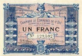 Billet de la Chambre de Commerce de Saint-Di� - 1 franc - d�lib�ration du 9 octobre 1915