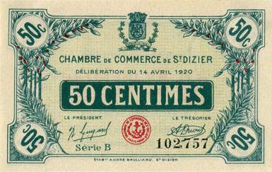 Billet de la Chambre de Commerce de Saint-Dizier - 50 centimes - d�lib�ration du 14 avril 1920 - s�rie B - n� 102,757