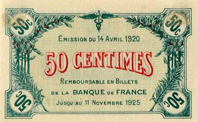 Billet de la Chambre de Commerce de Saint-Dizier - 50 centimes - d�lib�ration du 14 avril 1920 - s�rie B - n� 102,757