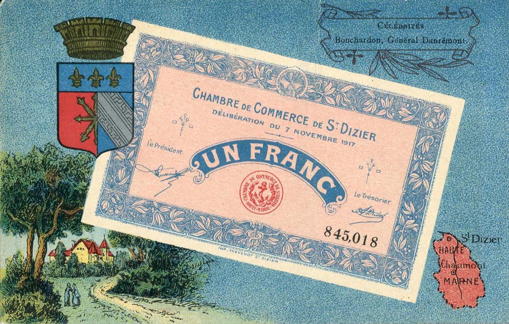 Carte postale repr�sentant un billet de 1 franc - d�lib�ration du 7 novembre 1917 - n� 845,018 - de la Chambre de Commerce de Saint-Dizier