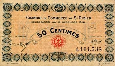 Billet de la Chambre de Commerce de Saint-Dizier - 50 centimes - d�lib�ration du 12 d�cembre 1916