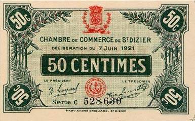 Billet de la Chambre de Commerce de Saint-Dizier - 50 centimes - d�lib�ration du 7 juin 1921