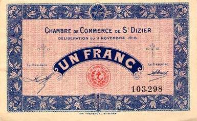 Billet de la Chambre de Commerce de Saint-Dizier - 1 franc - d�lib�ration du 11 novembre 1915