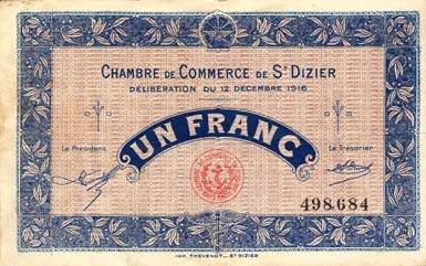 Billet de la Chambre de Commerce de Saint-Dizier - 1 franc - d�lib�ration du 12 d�cembre 1916
