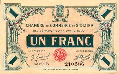 Billet de la Chambre de Commerce de Saint-Dizier - 1 franc - d�lib�ration du 14 avril 1920