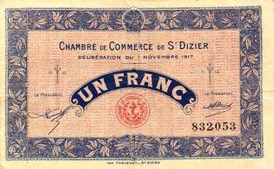 Billet de la Chambre de Commerce de Saint-Dizier - 1 franc - d�lib�ration du 7 novembre 1917