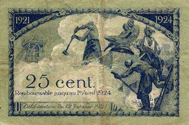 Billet de la Chambre de Commerce de Saint-Etienne - 25 centimes - délibération du 12 janvier 1921