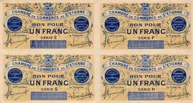 Billet de la Chambre de Commerce de Saint-Etienne - 1 franc - délibération du 20 août 1914 - planche spécimen séries E, F, G, H