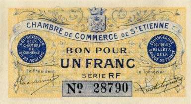 Billet de la Chambre de Commerce de Saint-Etienne - 1 franc - délibération du 20 août 1914 - série RF