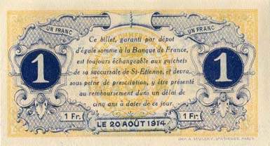 Billet de la Chambre de Commerce de Saint-Etienne - 1 franc - délibération du 20 août 1914 - série RF