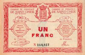 Billet de la Chambre de Commerce de Saint-Omer - 1 franc - num�ro 249,857
