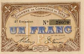 Billet de la Chambre de Commerce de Sens - 1 franc - délibération du 7 mars 1916 - 2ème émission