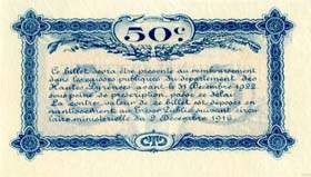 Billet de la Chambre de Commerce de Tarbes - 50 centimes - d�lib�ration du 7 f�vrier 1915 - s�rie III - sp�cimen annul�