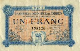 Billet de la Chambre de Commerce de Tarbes - 1 franc - d�lib�ration du 7 d�cembre 1919 - s�rie V - num�ro 195529